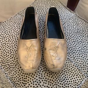 YSL Napa Leather slip on espadrille with logo.